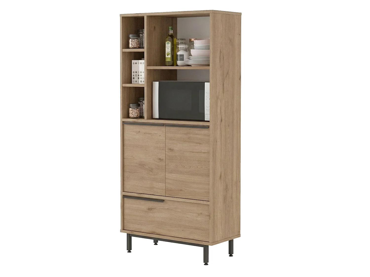 Credenza Cinisi, 4 Ripiani, 75x36x162h cm Marrone Rovere, Madia, 3 Ante, 7 Vani
