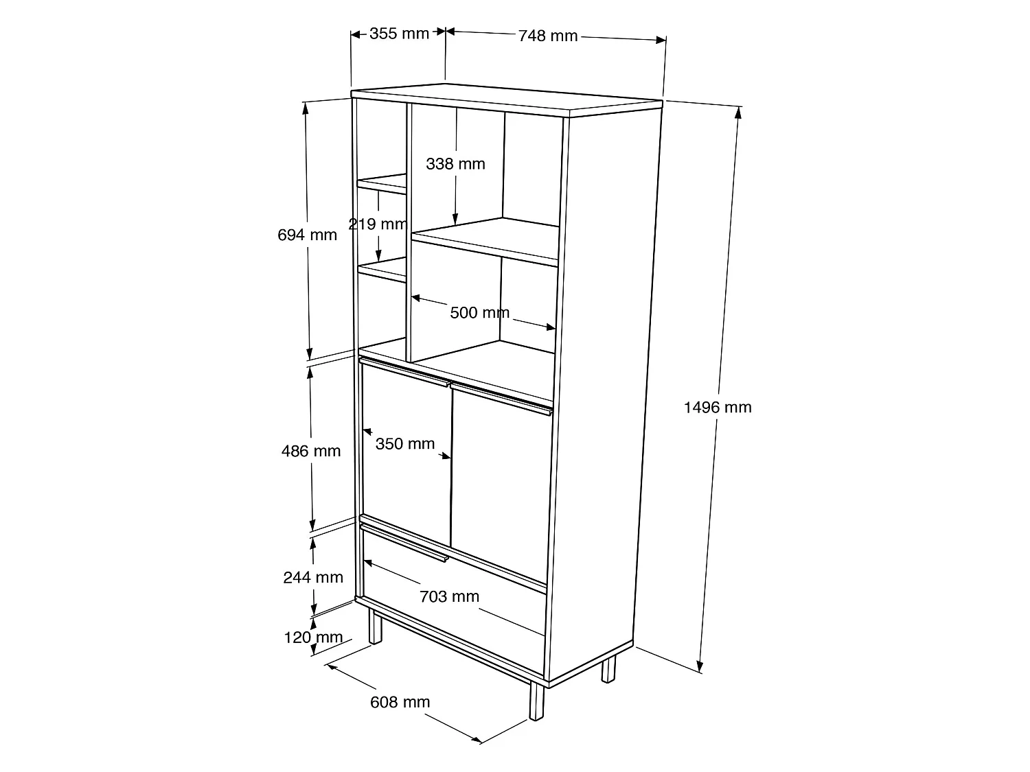 Credenza Cinisi, 4 Ripiani, 75x36x162h cm Marrone Rovere, Madia, 3 Ante, 7 Vani