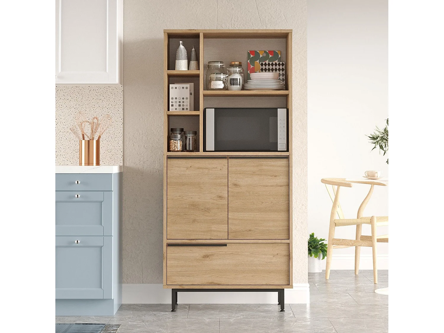 Credenza Cinisi, 4 Ripiani, 75x36x162h cm Marrone Rovere, Madia, 3 Ante, 7 Vani