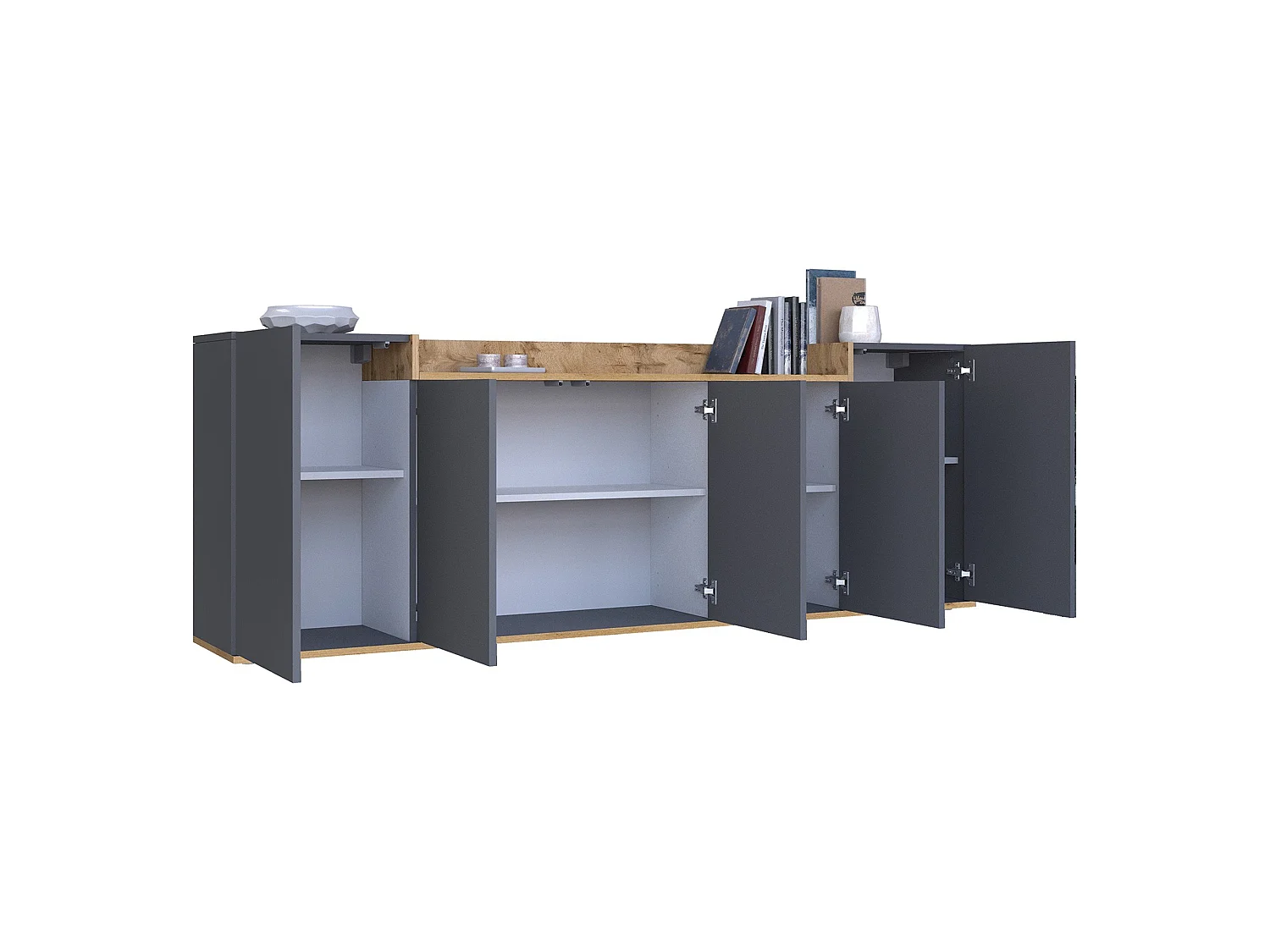 Credenza Cordele, 7 Ripiani Made in Italy, 200x35x70h cm Nero Antracite, Madia, Apertura Battente, 5 Ante
