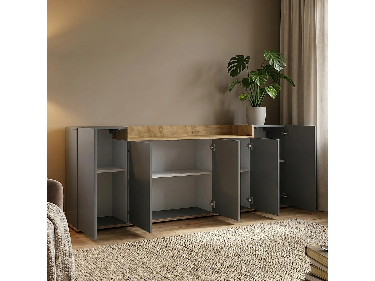 Credenza Cordele, 7 Ripiani Made in Italy, 200x35x70h cm Nero Antracite, Madia, Apertura Battente, 5 Ante