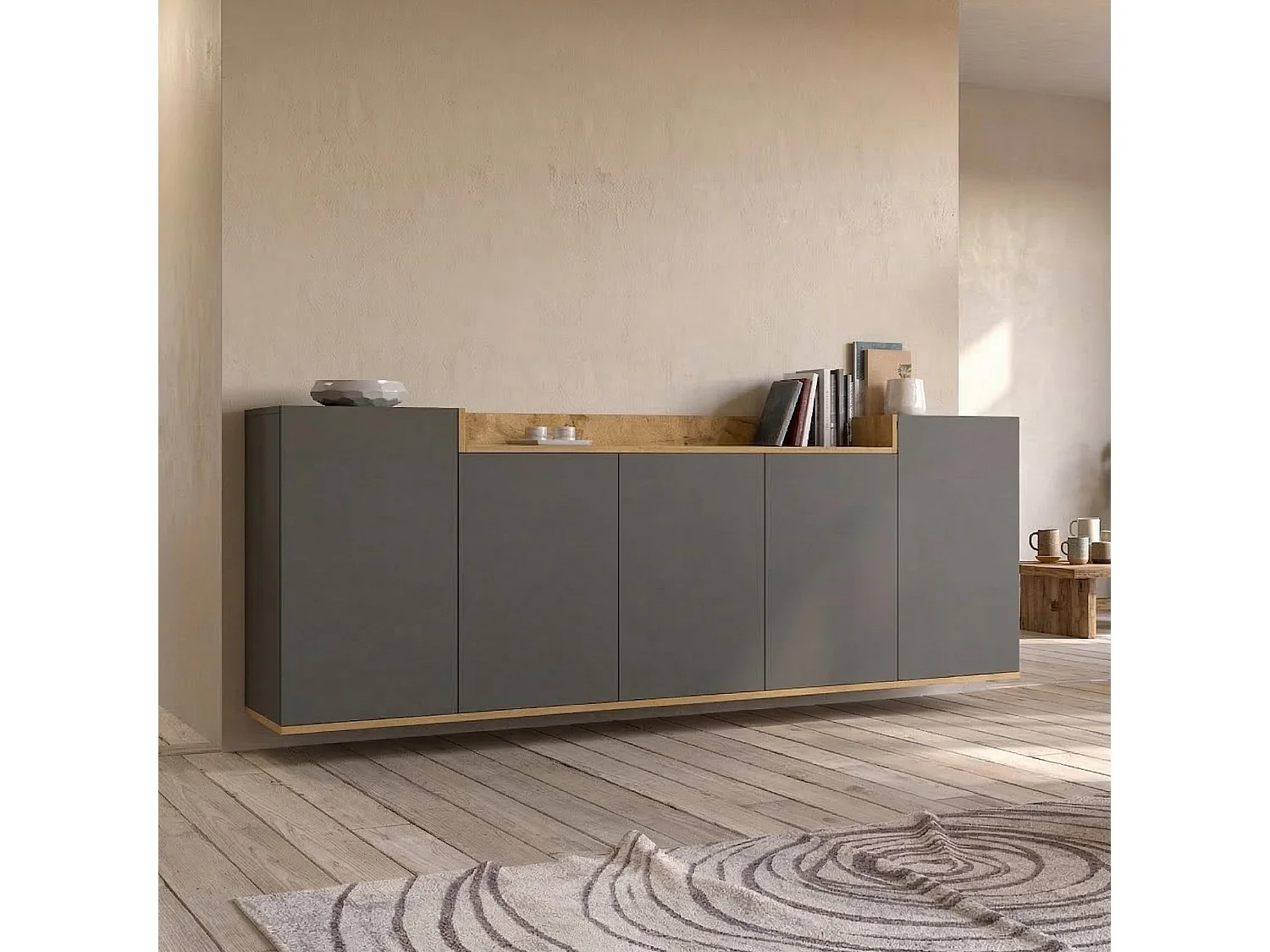 Credenza Cordele, 7 Ripiani Made in Italy, 200x35x70h cm Nero Antracite, Madia, Apertura Battente, 5 Ante