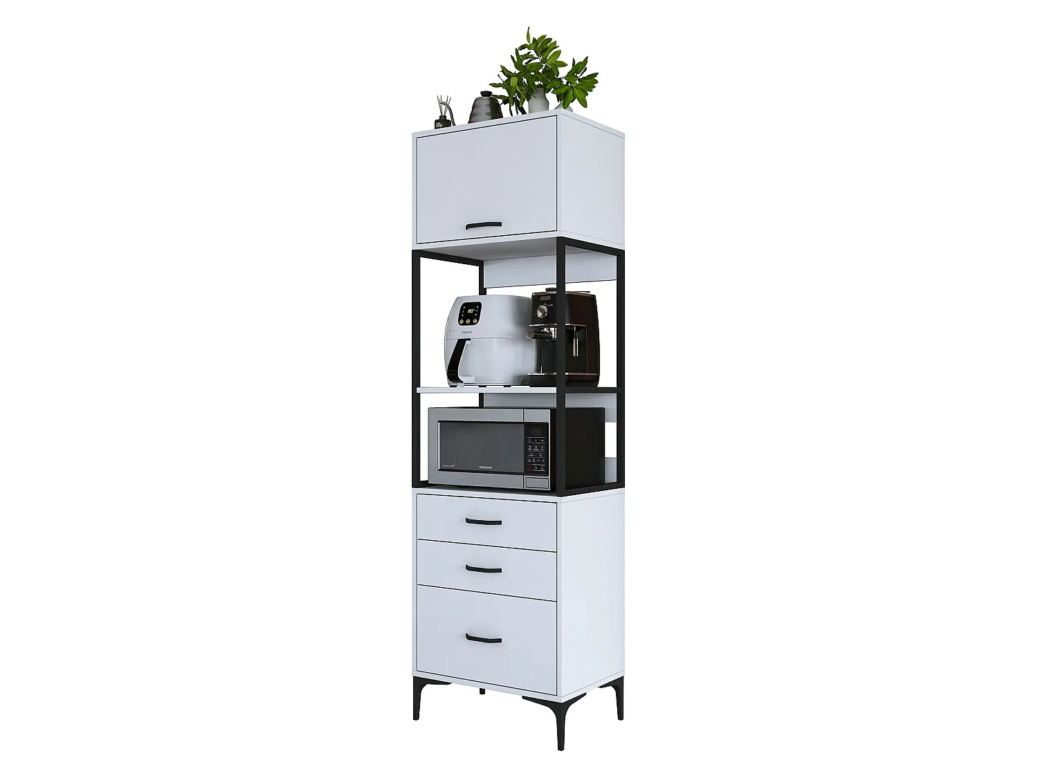 Credenza Capua, un Ripiano, 60x40x199h cm Bianco, Madia, 3 Cassetti, Un'anta