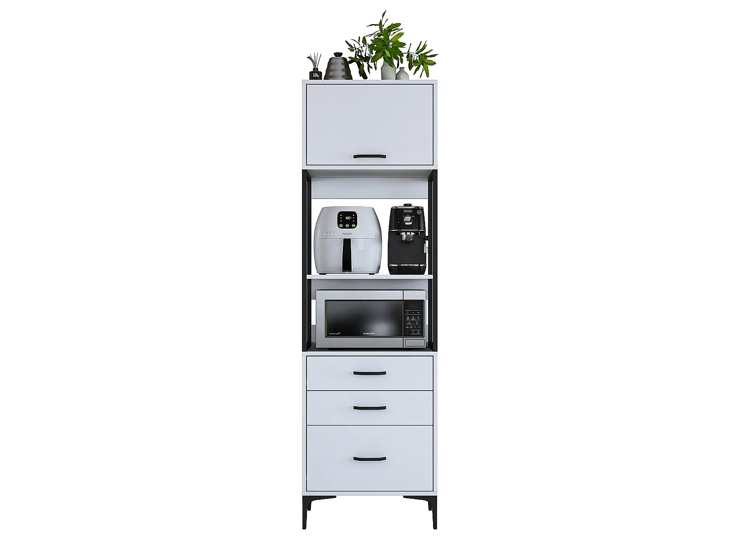 Credenza Capua, un Ripiano, 60x40x199h cm Bianco, Madia, 3 Cassetti, Un'anta