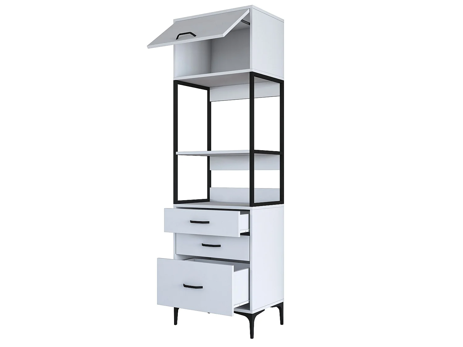 Credenza Capua, un Ripiano, 60x40x199h cm Bianco, Madia, 3 Cassetti, Un'anta