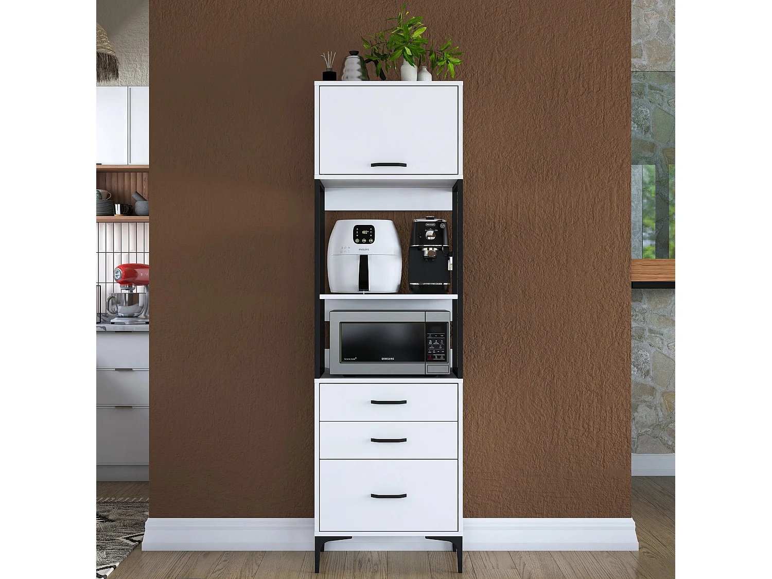 Credenza Capua, un Ripiano, 60x40x199h cm Bianco, Madia, 3 Cassetti, Un'anta