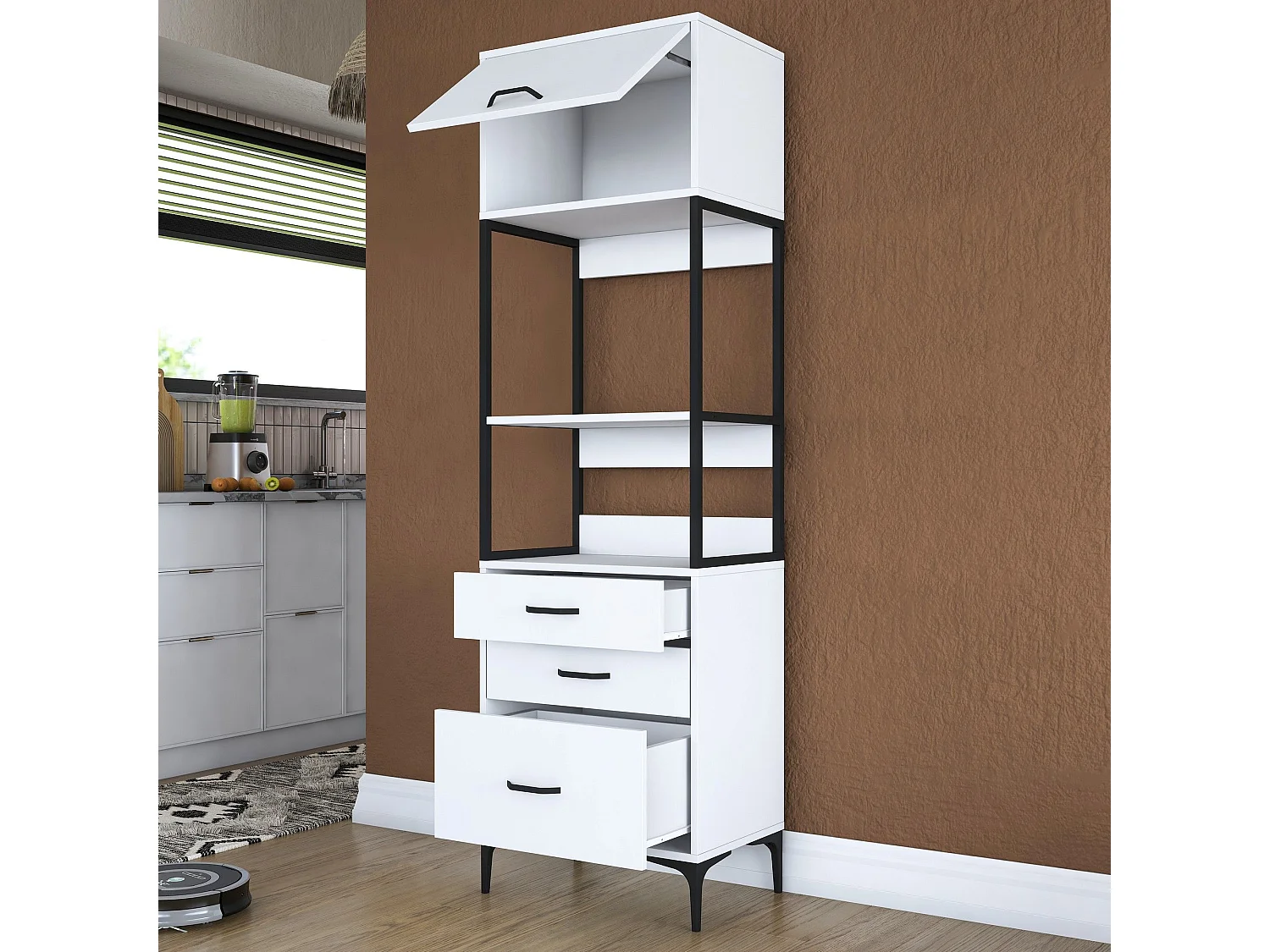 Credenza Capua, un Ripiano, 60x40x199h cm Bianco, Madia, 3 Cassetti, Un'anta