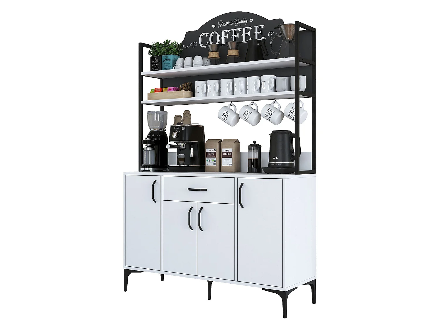 Credenza Camino, 4 Ripiani, 120x40x184h cm Bianco, Madia, un Cassetto, 4 Ante
