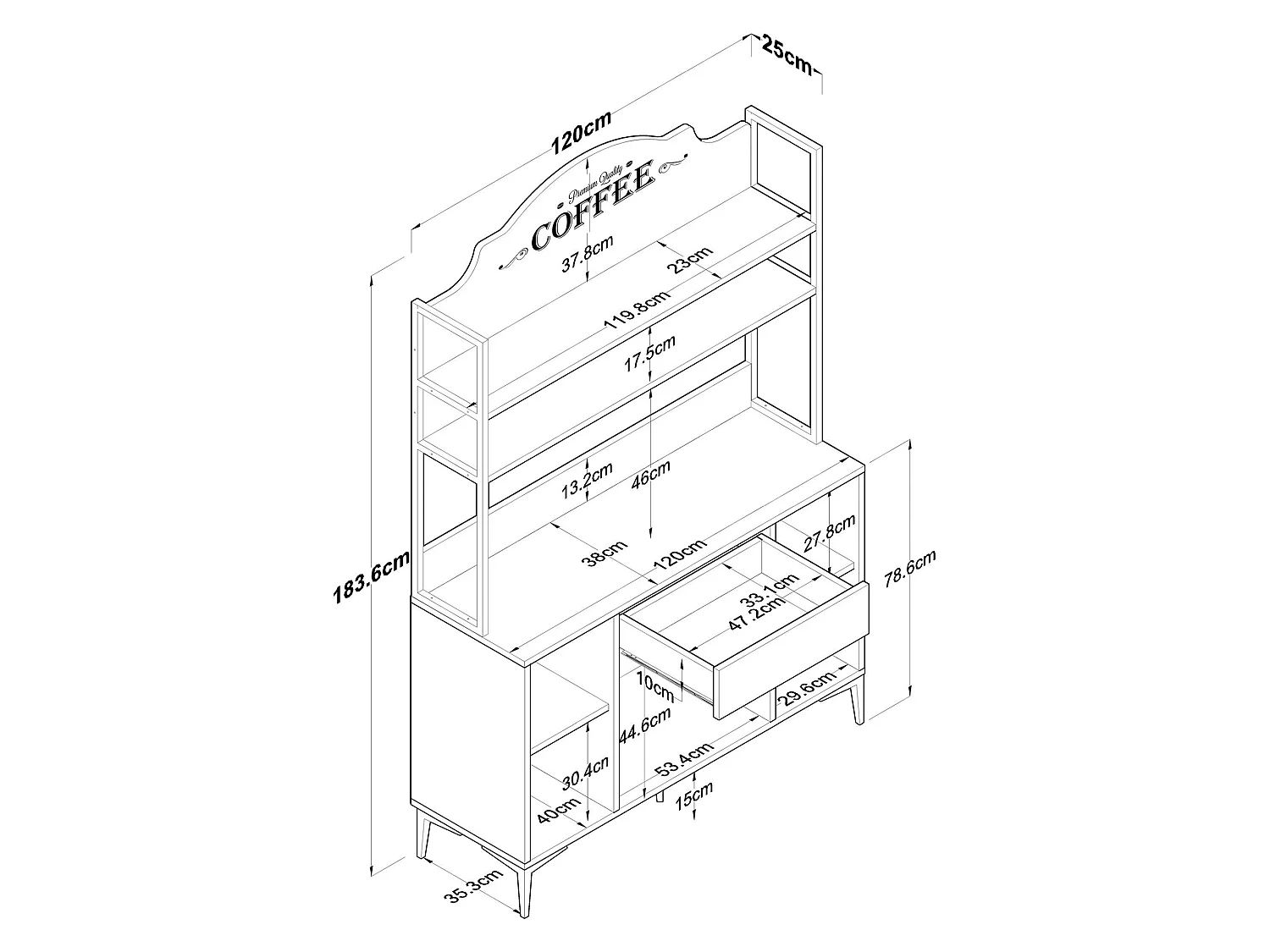 Credenza Camino, 4 Ripiani, 120x40x184h cm Bianco, Madia, un Cassetto, 4 Ante