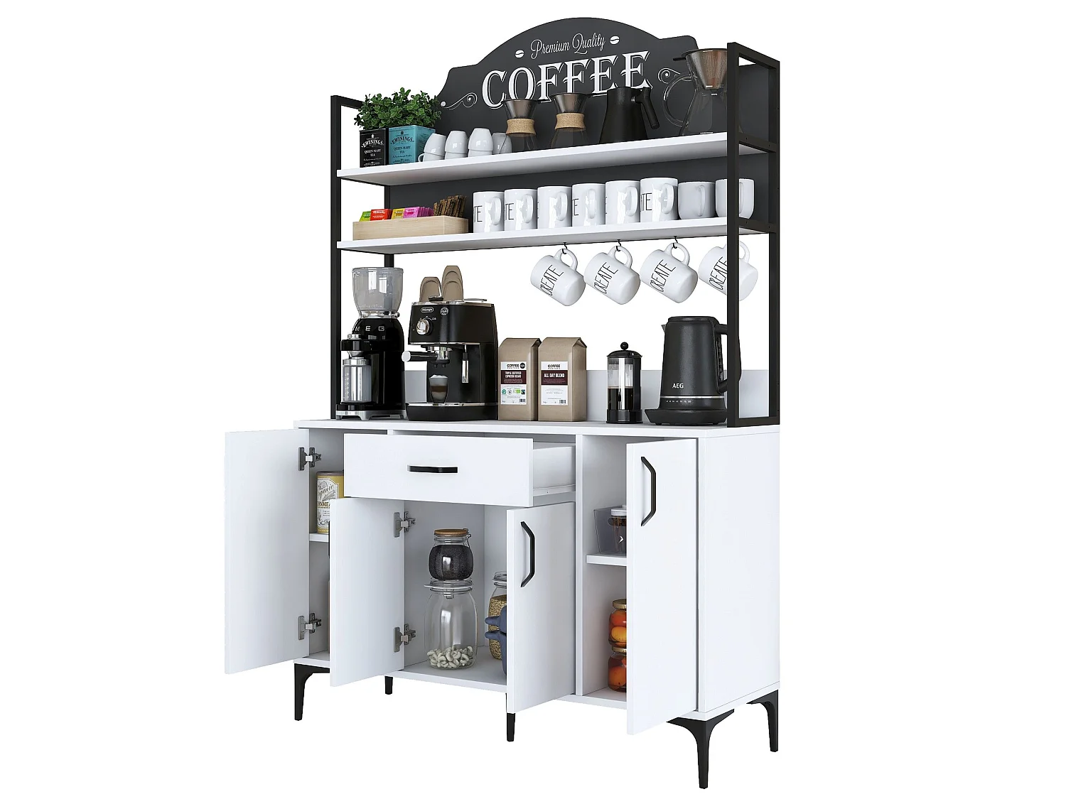 Credenza Camino, 4 Ripiani, 120x40x184h cm Bianco, Madia, un Cassetto, 4 Ante