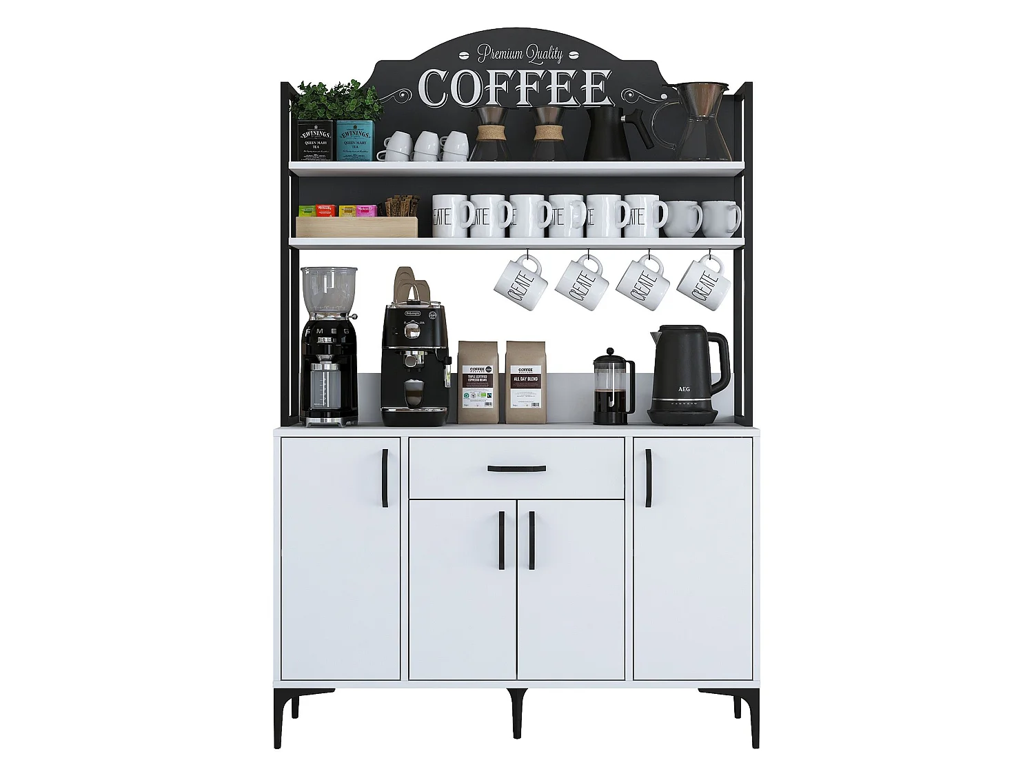 Credenza Camino, 4 Ripiani, 120x40x184h cm Bianco, Madia, un Cassetto, 4 Ante