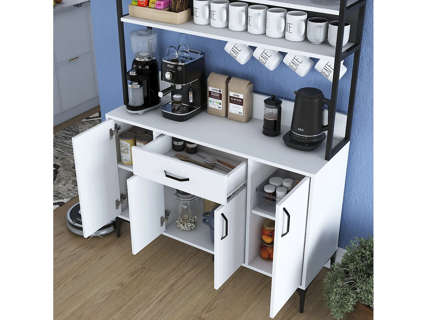 Credenza Camino, 4 Ripiani, 120x40x184h cm Bianco, Madia, un Cassetto, 4 Ante