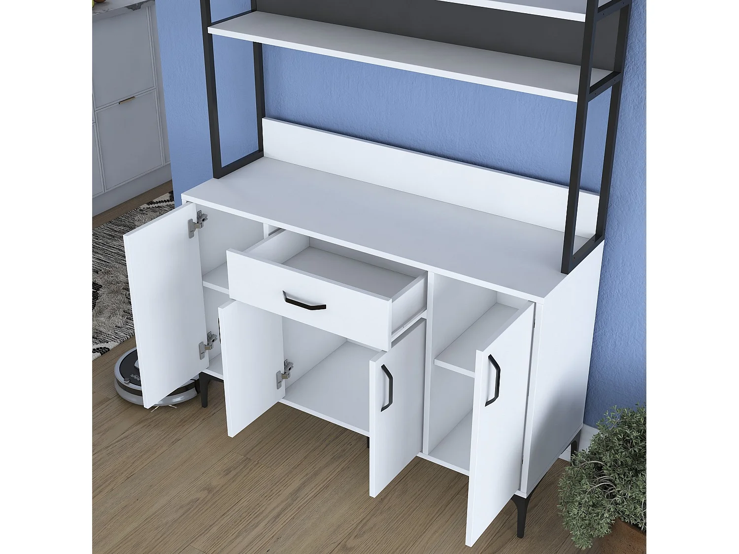Credenza Camino, 4 Ripiani, 120x40x184h cm Bianco, Madia, un Cassetto, 4 Ante