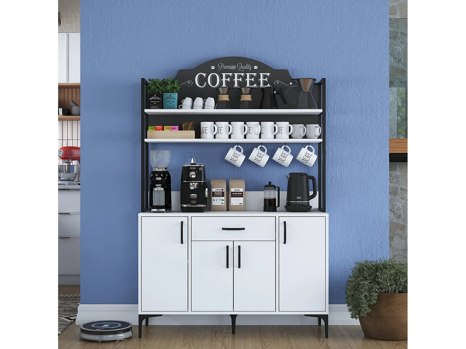 Credenza Camino, 4 Ripiani, 120x40x184h cm Bianco, Madia, un Cassetto, 4 Ante