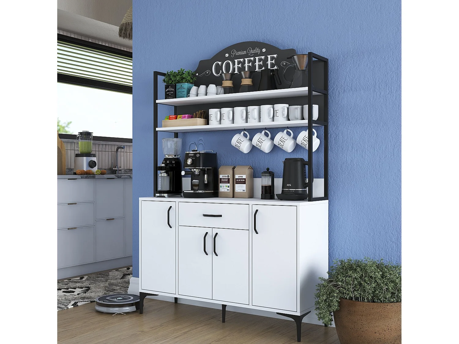 Credenza Camino, 4 Ripiani, 120x40x184h cm Bianco, Madia, un Cassetto, 4 Ante