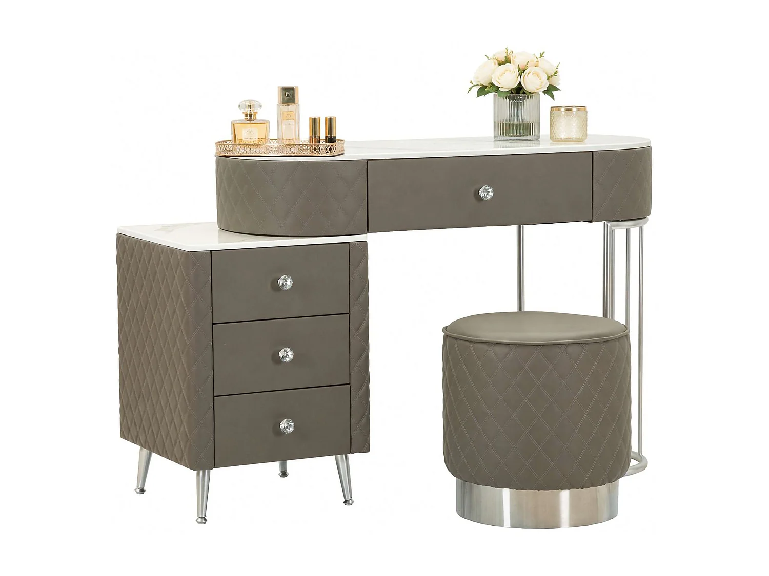 Toeletta Tafrao, 4 Cassetti, 120x40x75h cm Bianco Marmo, Mobile da Trucco, Finitura Simil Pelle Trapuntata con Dettagli Argento, top Effetto Marmo