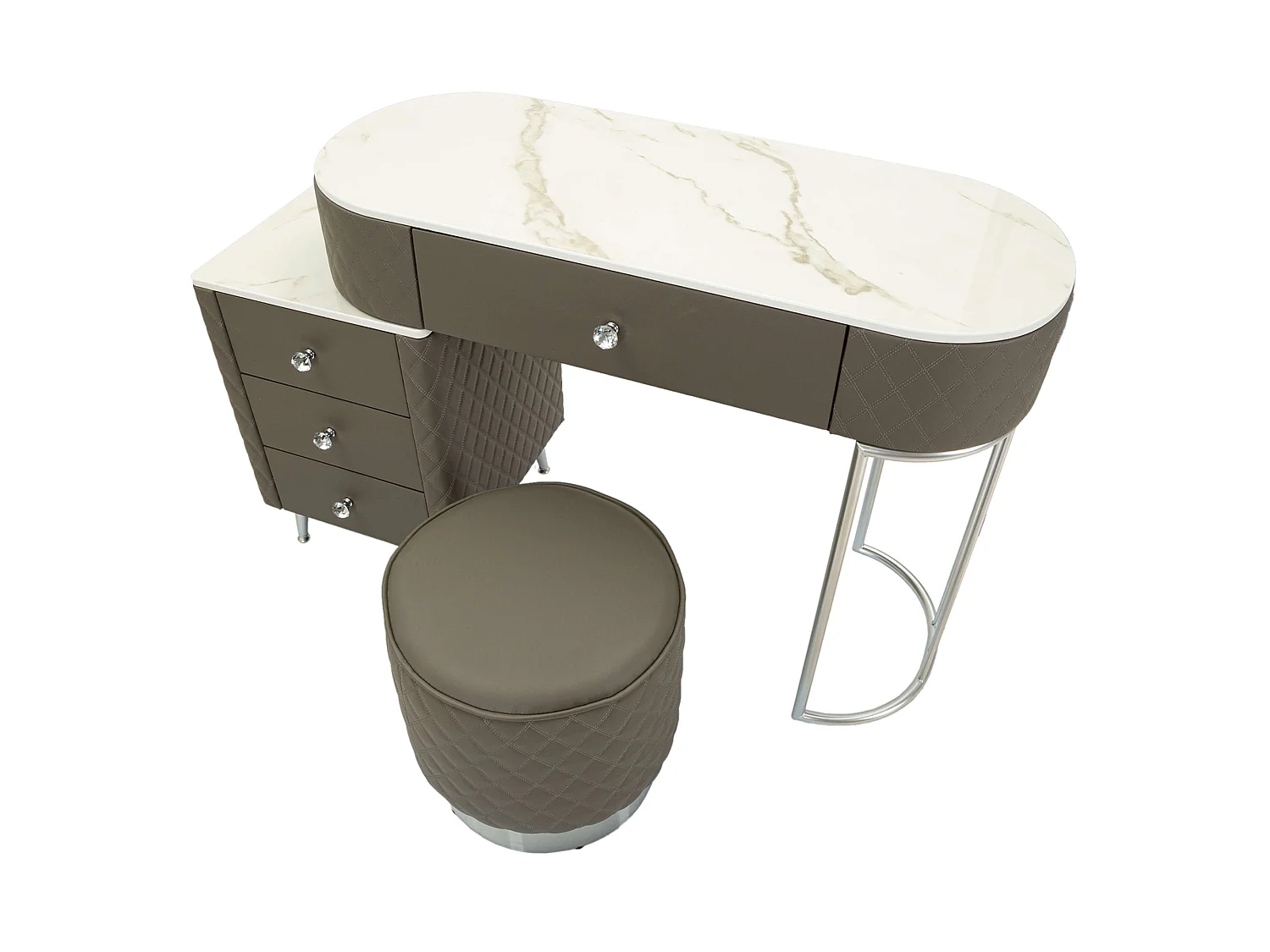 Toeletta Tafrao, 4 Cassetti, 120x40x75h cm Bianco Marmo, Mobile da Trucco, Finitura Simil Pelle Trapuntata con Dettagli Argento, top Effetto Marmo