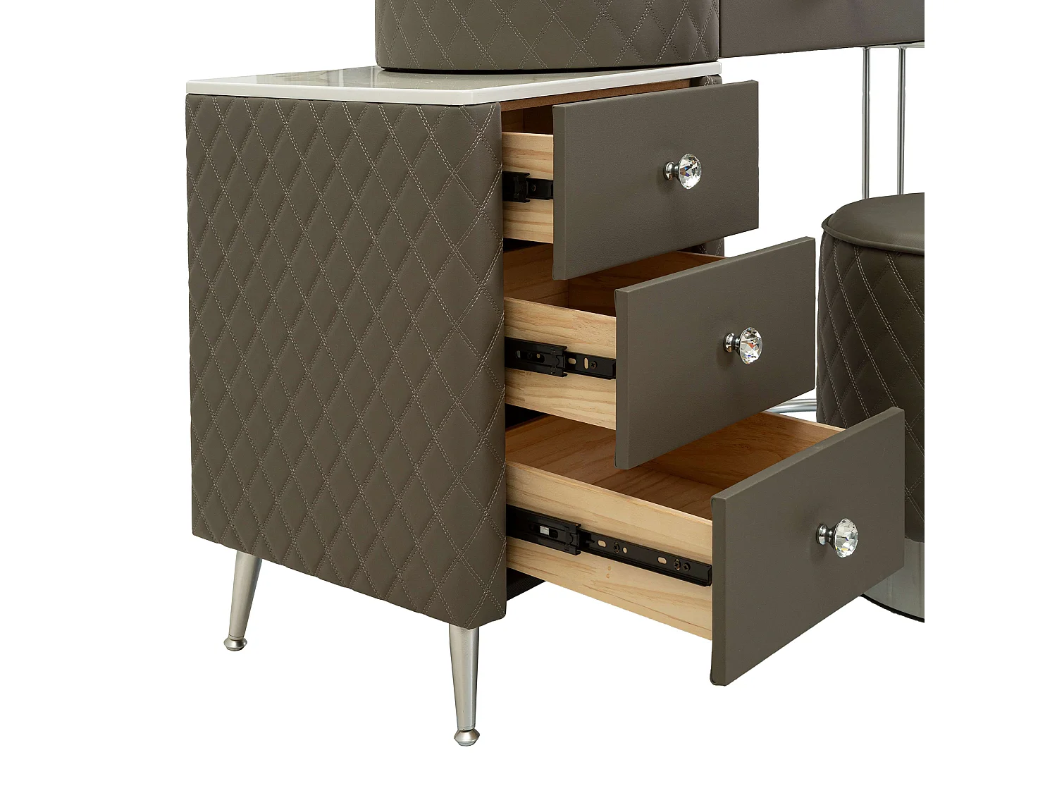 Toeletta Tafrao, 4 Cassetti, 120x40x75h cm Bianco Marmo, Mobile da Trucco, Finitura Simil Pelle Trapuntata con Dettagli Argento, top Effetto Marmo