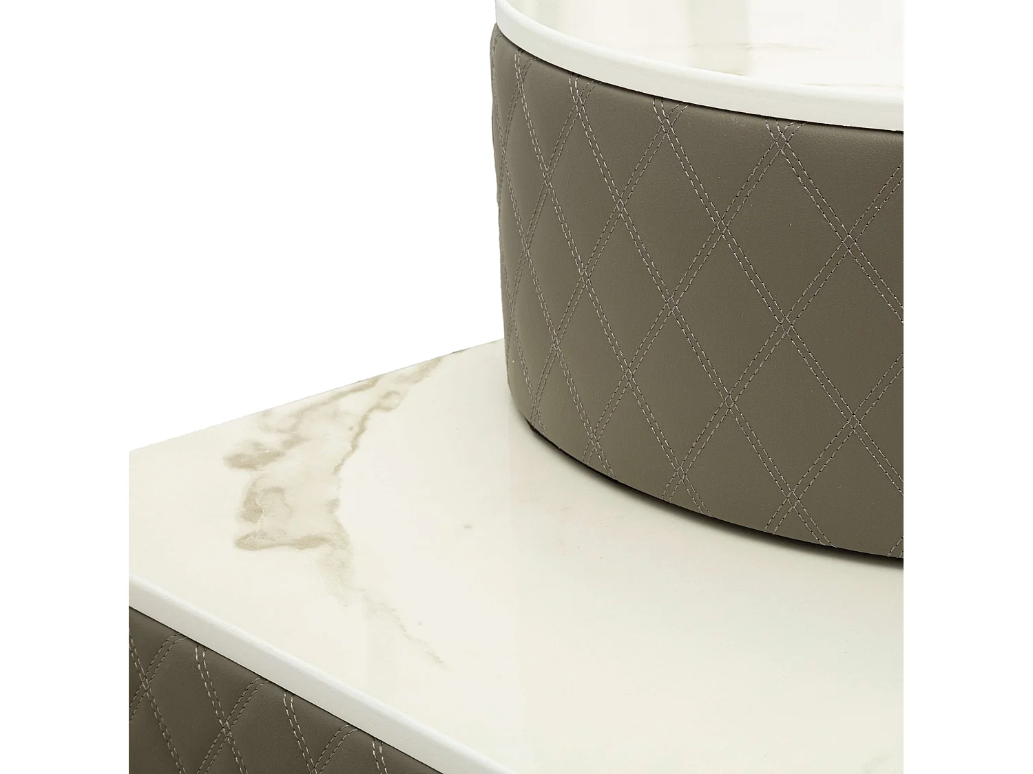 Toeletta Tafrao, 4 Cassetti, 120x40x75h cm Bianco Marmo, Mobile da Trucco, Finitura Simil Pelle Trapuntata con Dettagli Argento, top Effetto Marmo