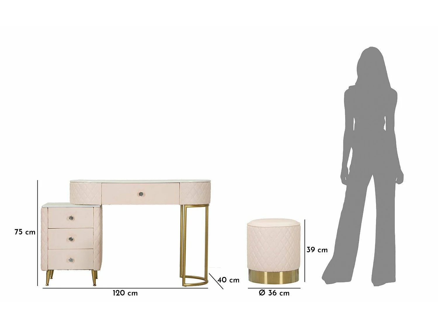 Coiffeuse Guidobono, Structure en métal, 40x120x75h cm or, Meuble de maquillage