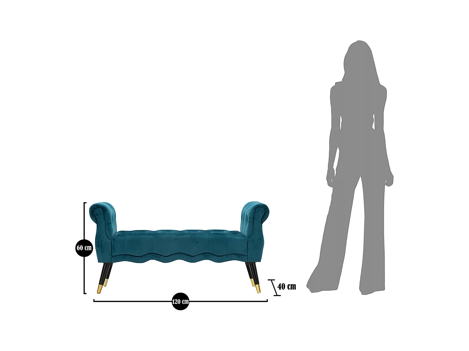 Banc Humahu, en velours, avec accoudoirs et détails dorés, 120x40x60h cm bleu pétrole, structure en tissu, assise bleu