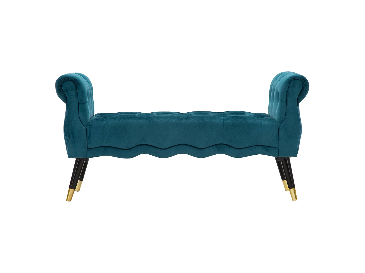 Banc Humahu, en velours, avec accoudoirs et détails dorés, 120x40x60h cm bleu pétrole, structure en tissu, assise bleu