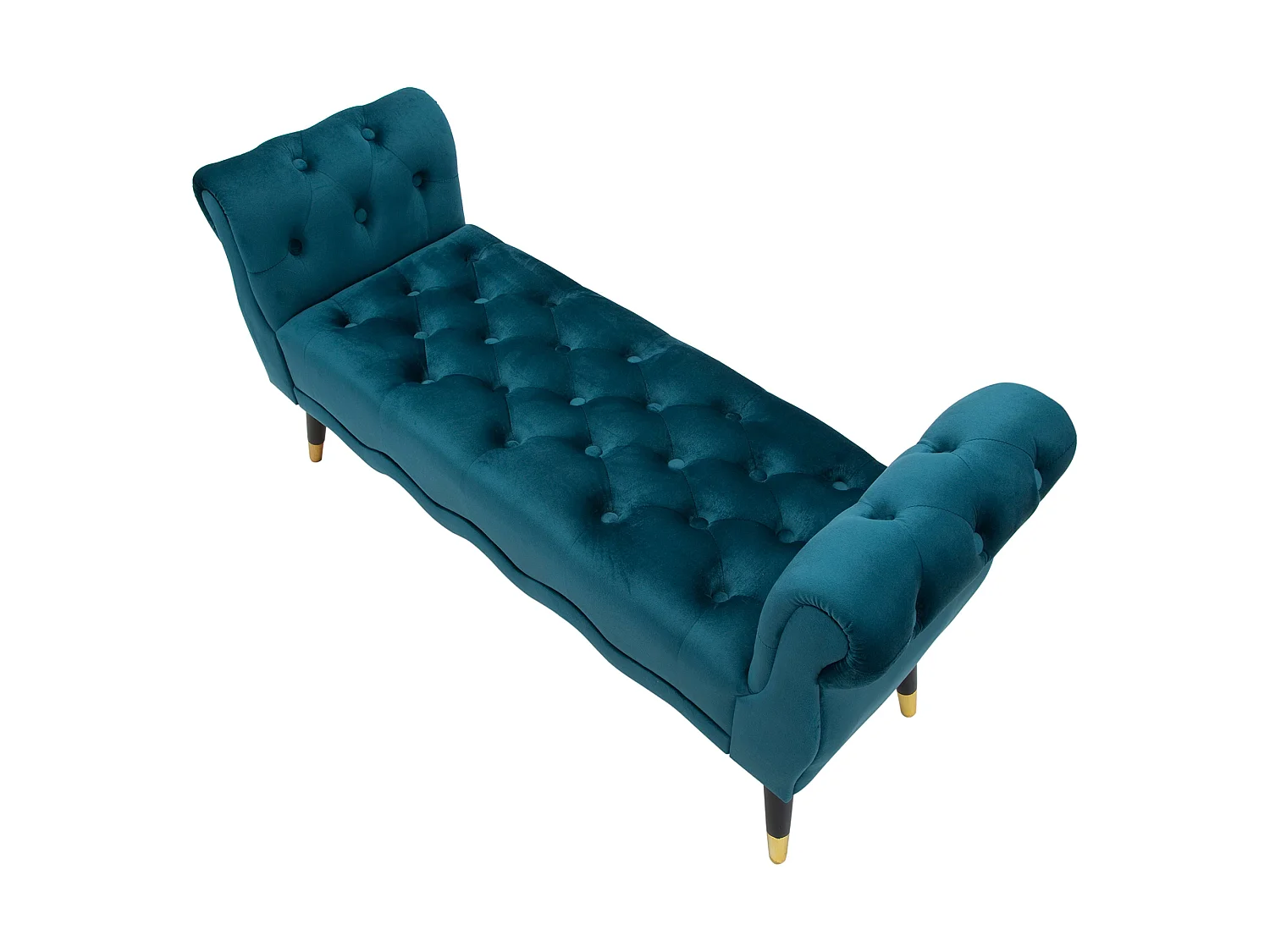 Banc Humahu, en velours, avec accoudoirs et détails dorés, 120x40x60h cm bleu pétrole, structure en tissu, assise bleu