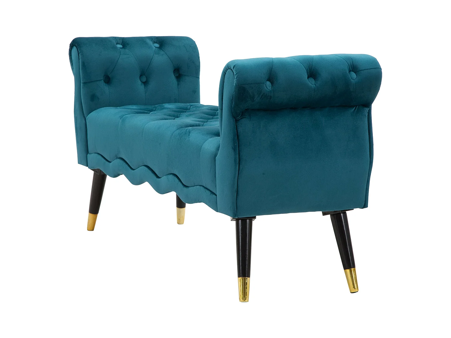 Banc Humahu, en velours, avec accoudoirs et détails dorés, 120x40x60h cm bleu pétrole, structure en tissu, assise bleu