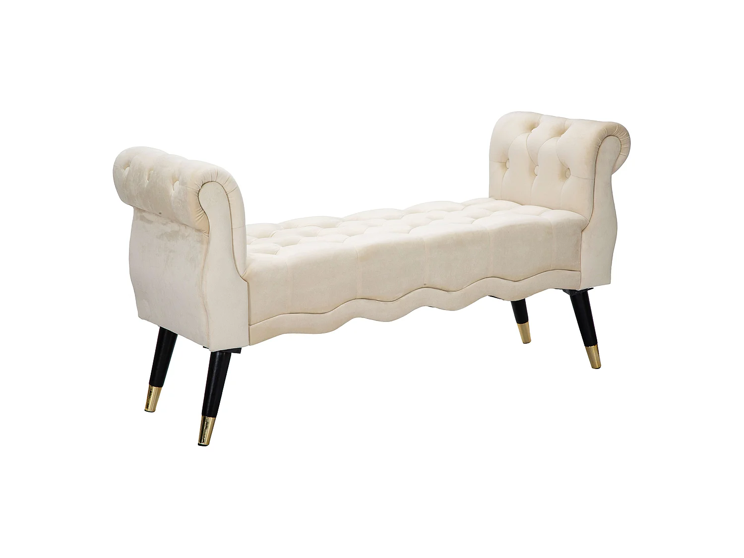 Panca Humahu, en velours, avec accoudoirs et détails dorés, 120x40x60h cm blanc crème, structure en tissu, assise blanche