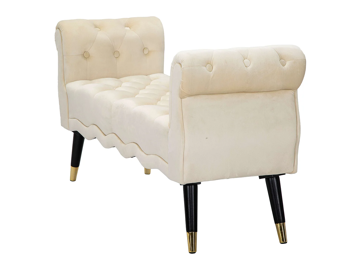 Panca Humahu, en velours, avec accoudoirs et détails dorés, 120x40x60h cm blanc crème, structure en tissu, assise blanche