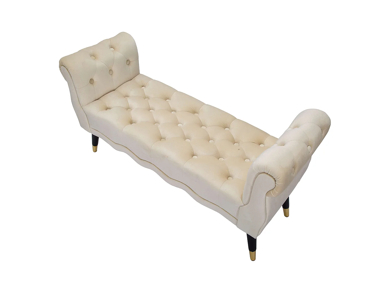 Panca Humahu, en velours, avec accoudoirs et détails dorés, 120x40x60h cm blanc crème, structure en tissu, assise blanche