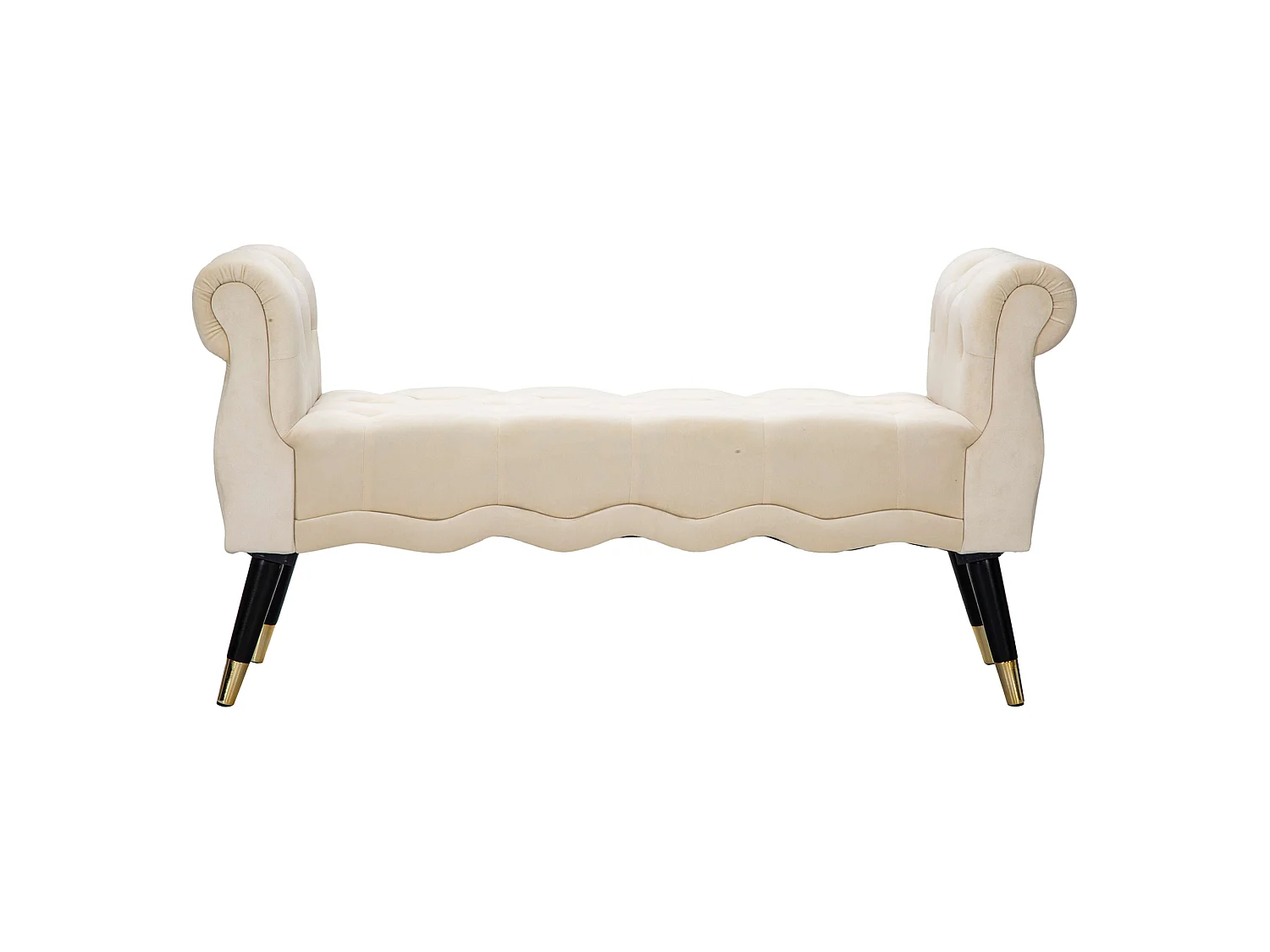 Panca Humahu, en velours, avec accoudoirs et détails dorés, 120x40x60h cm blanc crème, structure en tissu, assise blanche