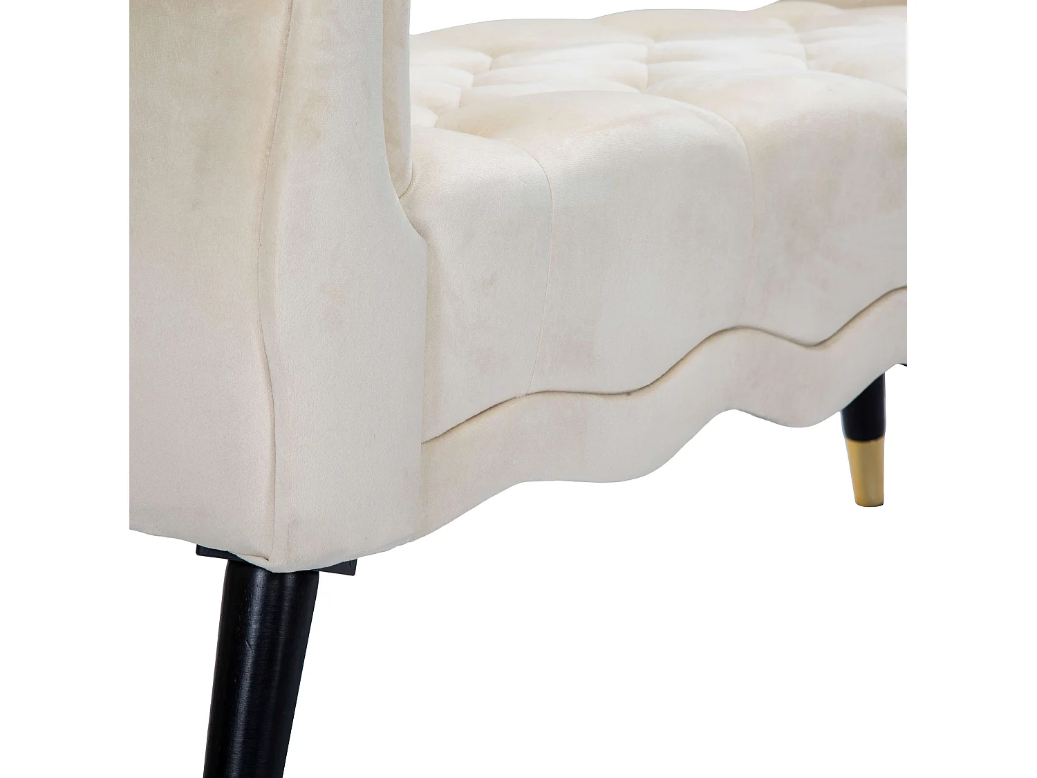 Panca Humahu, en velours, avec accoudoirs et détails dorés, 120x40x60h cm blanc crème, structure en tissu, assise blanche
