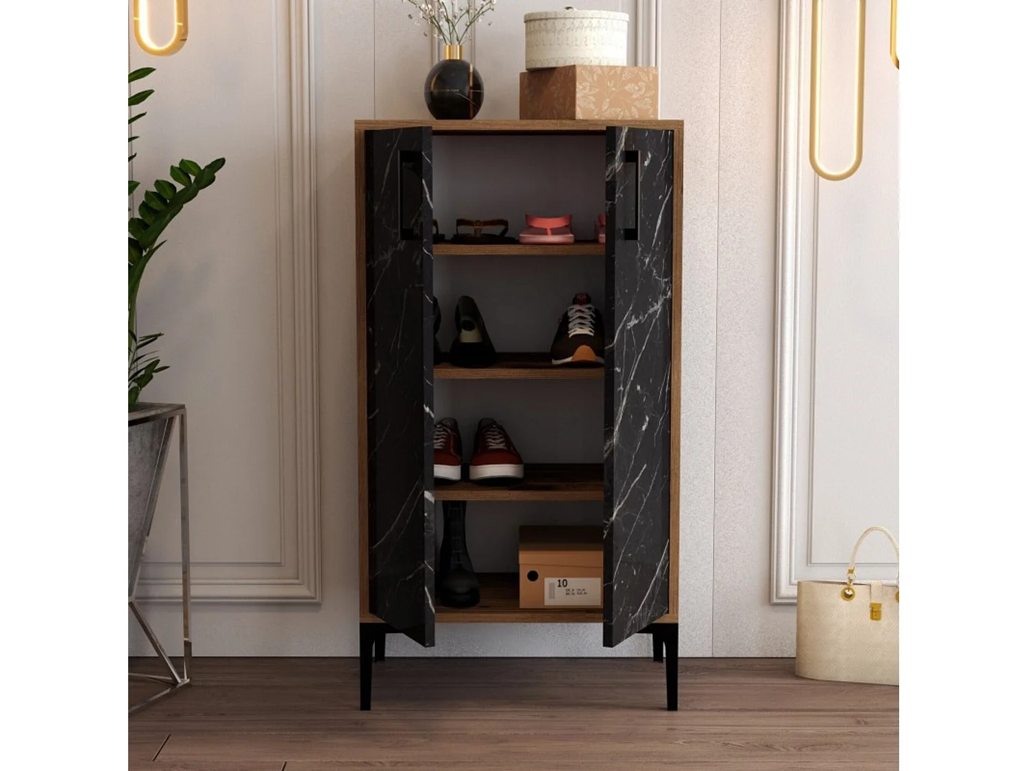 Meuble à chaussures Ngerulmud, 8 paires, 60x35x111h cm, marron noyer, 3 étagères, 2 portes