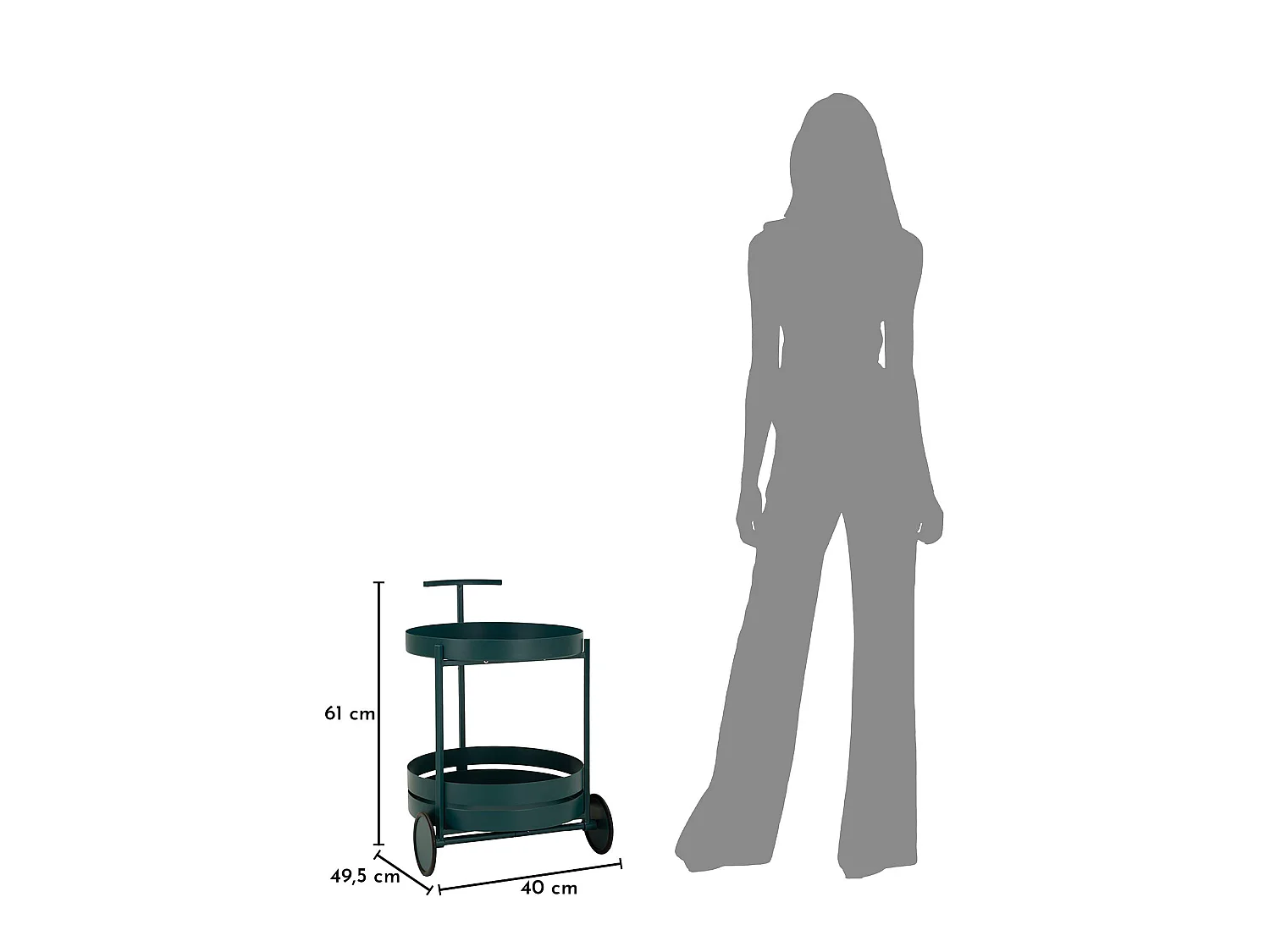 Carrello Ganamo, 2 Ripiani, 45x35x65h cm Verde, Ruote, Materiale Ripiano in Metallo