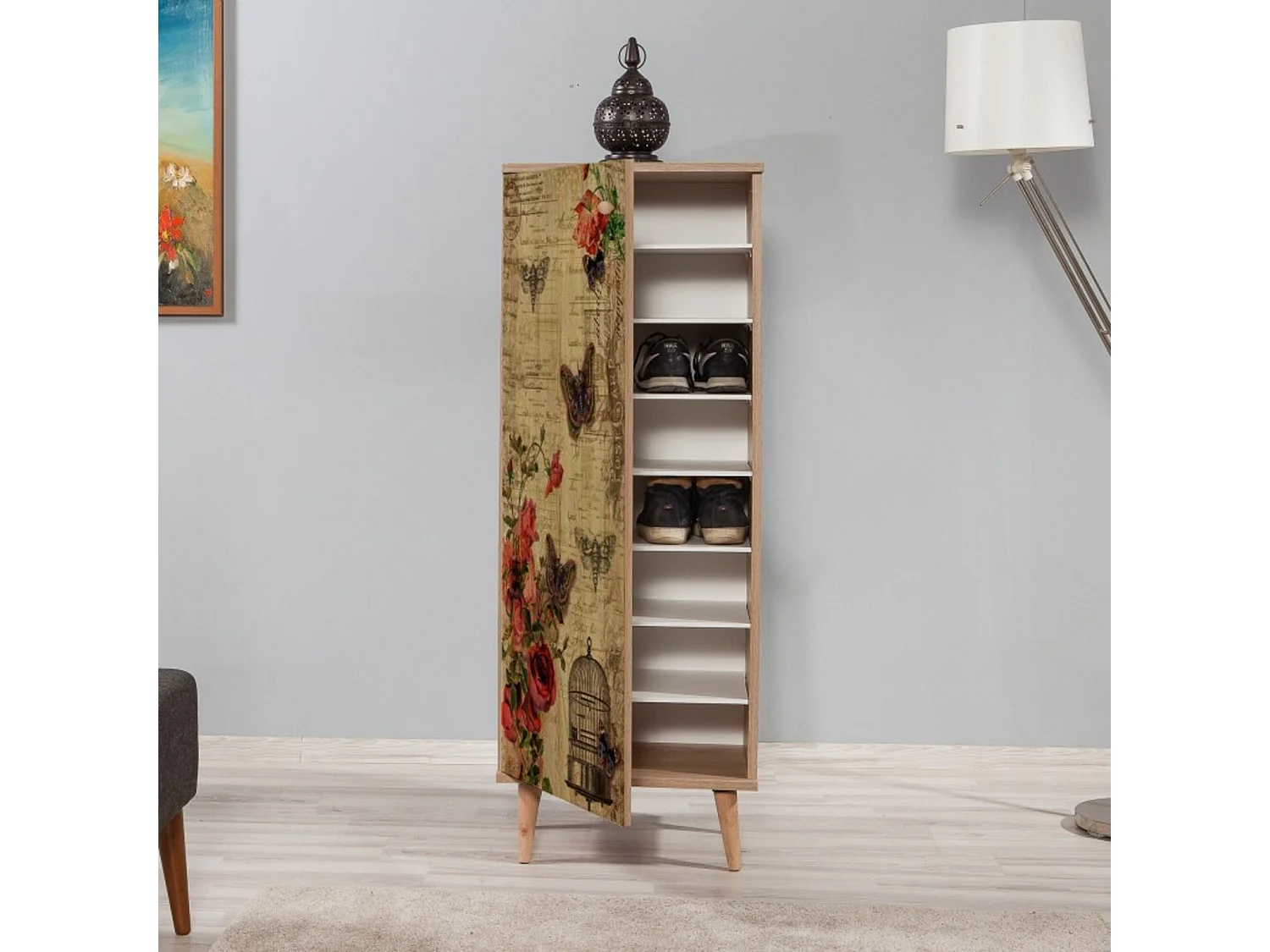 Meuble à chaussures Dacrydium, 16 paires, 50x38x135h cm, chêne brun, armoire à chaussures, 7 étagères, 1 porte