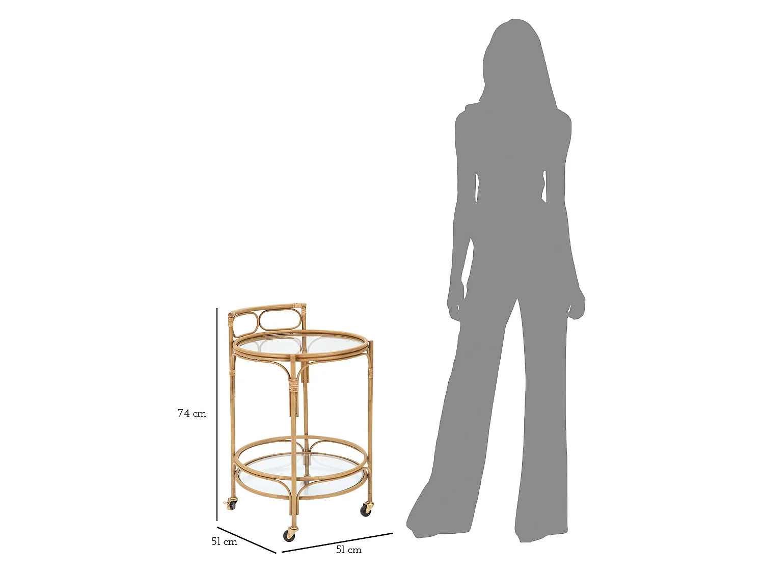 Carrello Dalosa, 2 Ripiani, 51x51x74h cm Marrone, Ruote, Finiture in Rattan