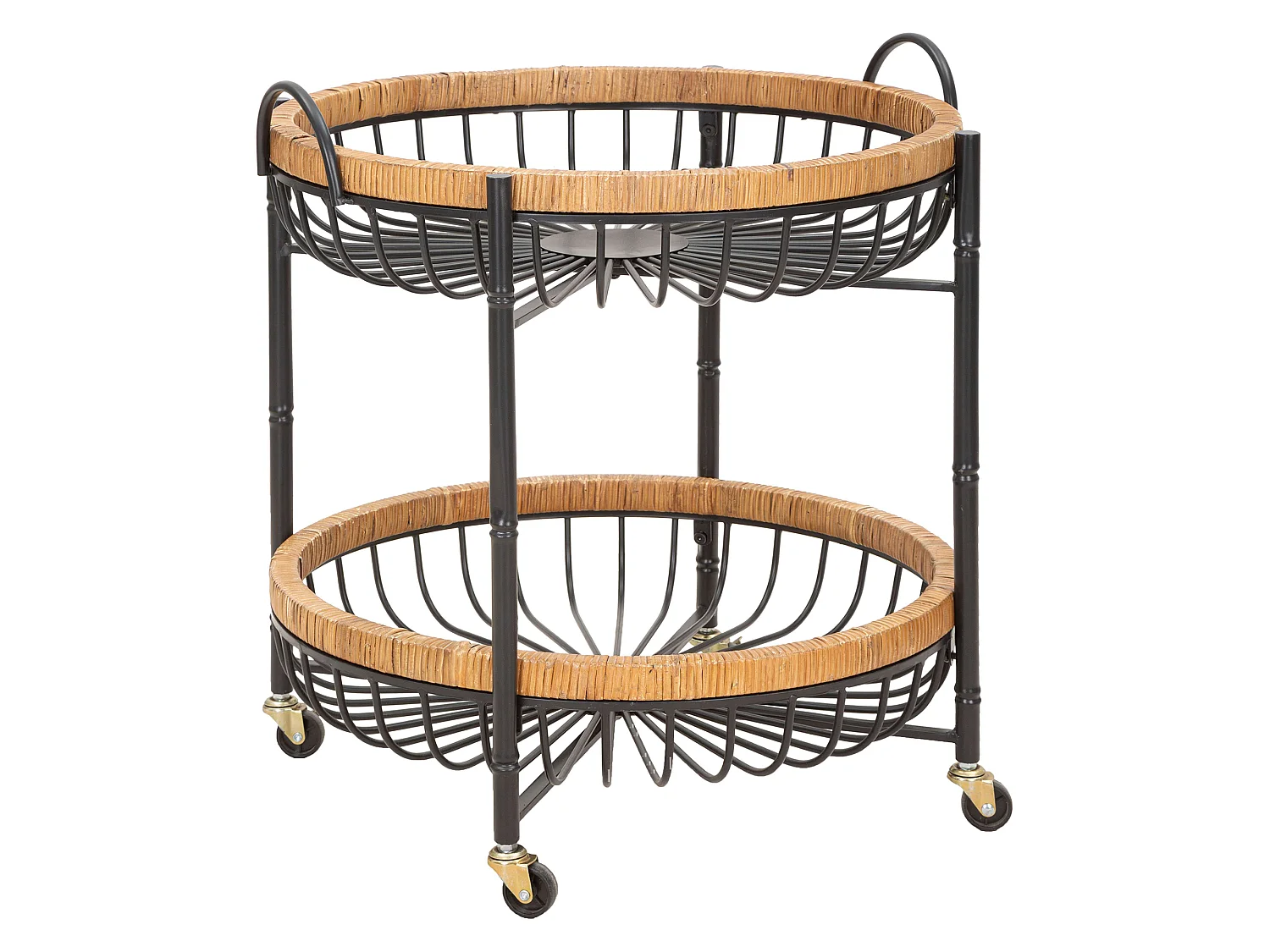 Carrello Zakopa, 2 Ripiani, 57x56x63h cm Marrone, Ruote, con 2 Cestini in Rattan