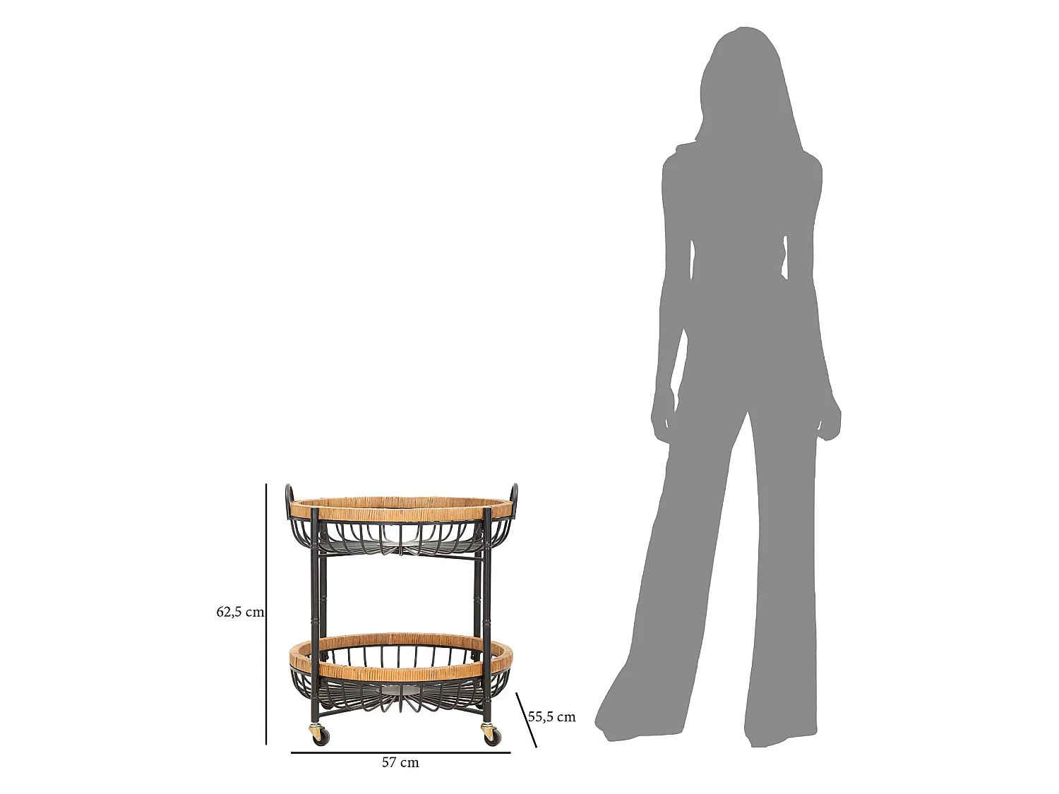 Carrello Zakopa, 2 Ripiani, 57x56x63h cm Marrone, Ruote, con 2 Cestini in Rattan