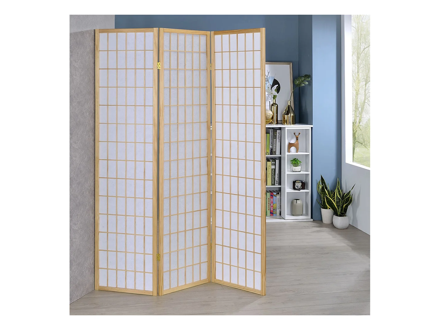 Paravent PARA-1 séparateur de pièce avec structure en bois vernis naturel et 3 panneaux repliables en papier de riz