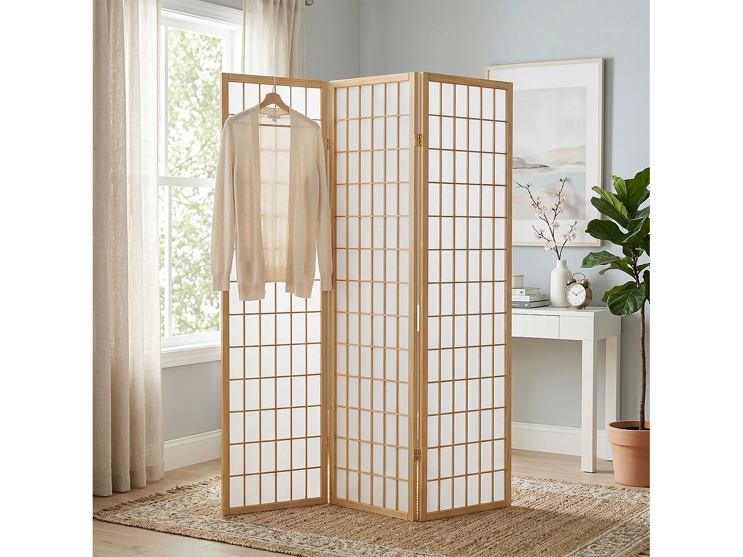 Paravent PARA-1 séparateur de pièce avec structure en bois vernis naturel et 3 panneaux repliables en papier de riz