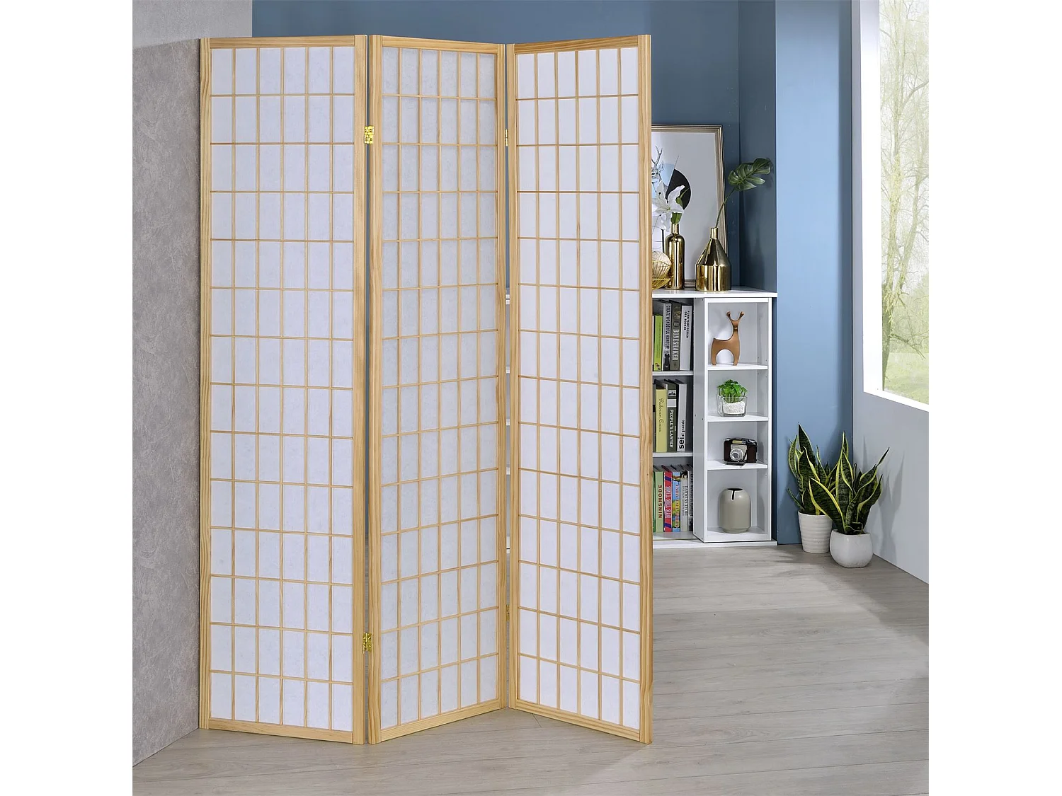 Paravent PARA-1 séparateur de pièce avec structure en bois vernis naturel et 3 panneaux repliables en papier de riz