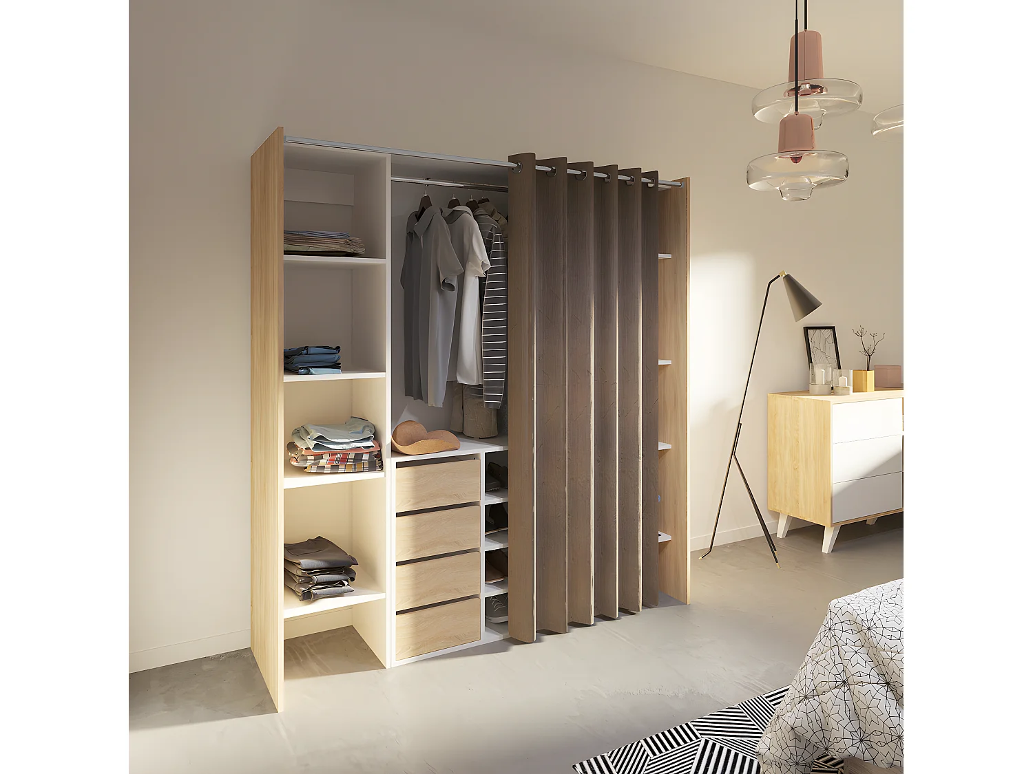 Dressing et meuble de rangement TOM blanc et rideau gris