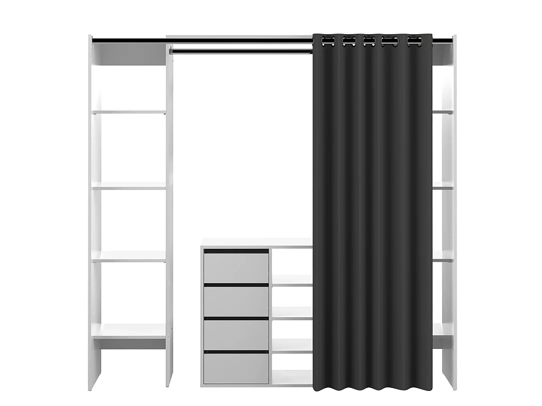 Dressing et meuble de rangement TOM blanc et rideau gris