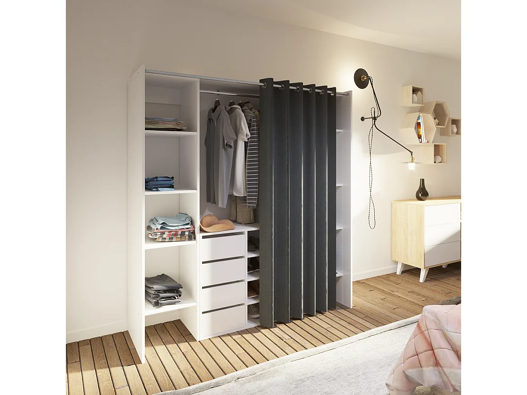 Dressing et meuble de rangement TOM blanc et rideau gris