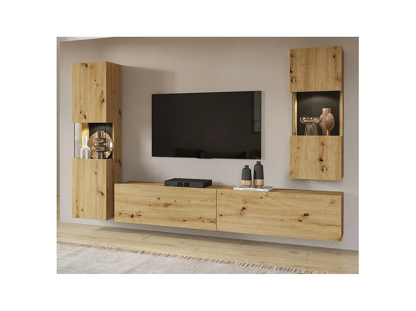 Set van 3 meubels voor de woonkamer uit de EVA-collectie. Kleur eiken en zwart.