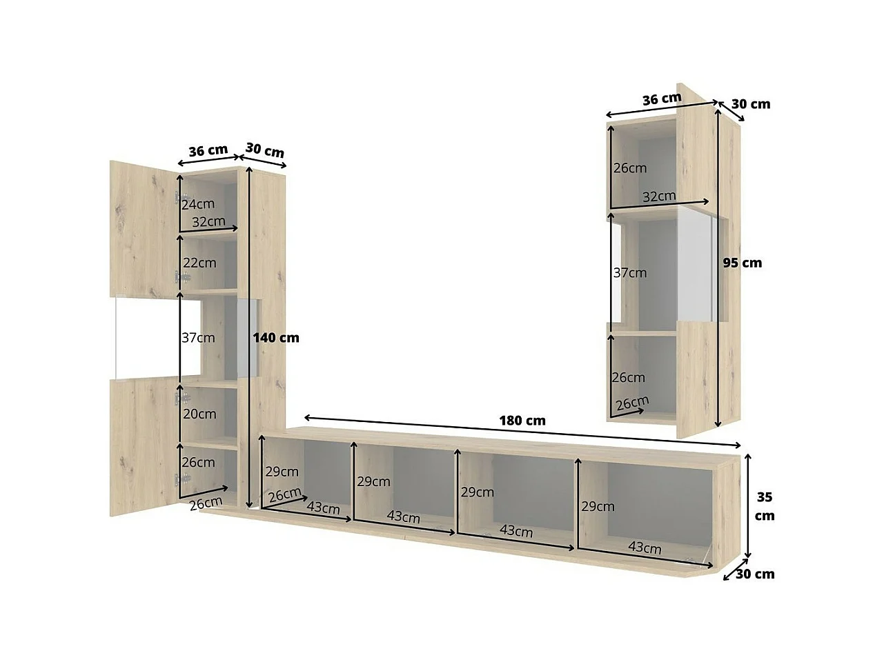 Set van 3 meubels voor de woonkamer uit de EVA-collectie. Kleur eiken en zwart.
