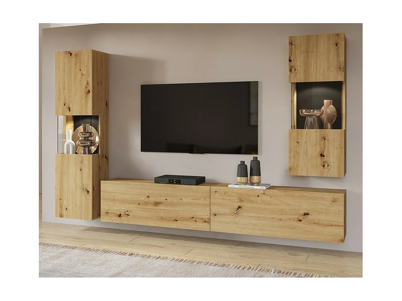 Ensemble de 3 meubles de salon collection EVA. Couleur chêne et noir.