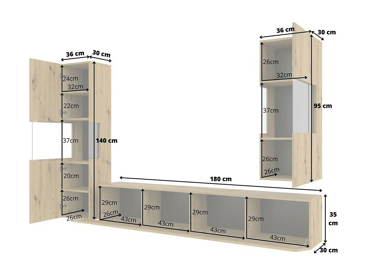 Ensemble de 3 meubles de salon collection EVA. Couleur chêne et noir.