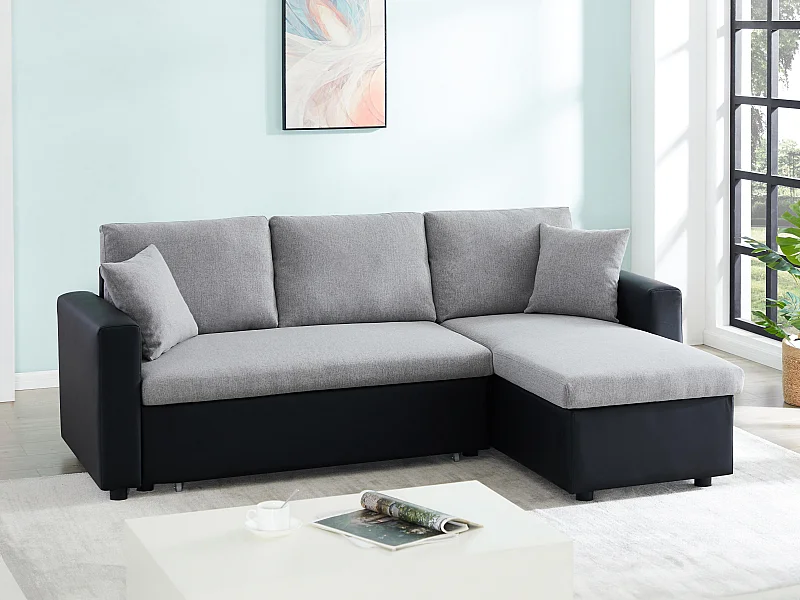 Canapé d'angle convertible et réversible en tissu gris clair et noir GAZUR II